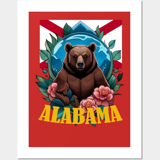 Black Bear Surrounded by Camellia With Alabama State Wall Art by taiche